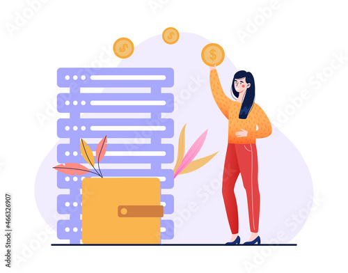 Data monetization concept. Woman profits from information. Character optimized data storage and transmission system to generate income in form of coins. Cartoon modern flat vector illustration