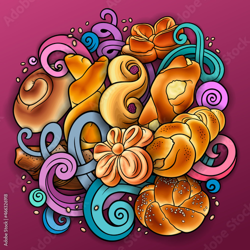 Rolls, bagels, braids hand drawn vector doodles illustration.