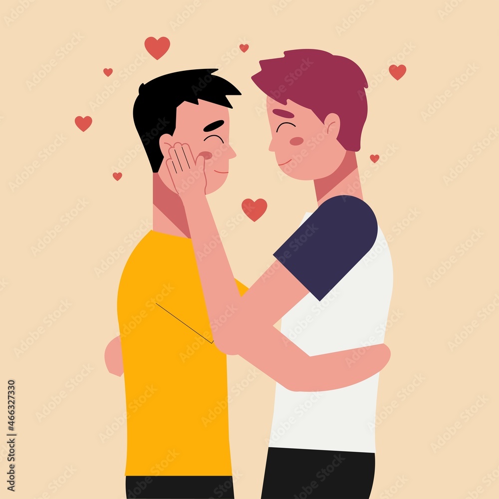 Multiethnic gay couple are proud to be. Young homosexuals gay couple love each other. Element lgbt and gay parade, protest. Vector illustration with lgbt man