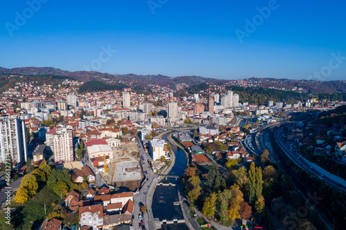Fototapeta Naklejka Na Ścianę i Meble -  Uzice, Aerial view panorama of City in Serbia