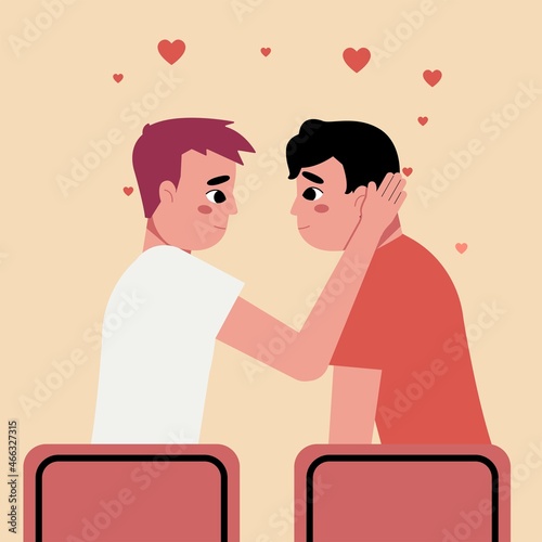Multiethnic gay couple are proud to be. Young homosexuals gay couple love each other. Element lgbt and gay parade, protest. Vector illustration with lgbt man