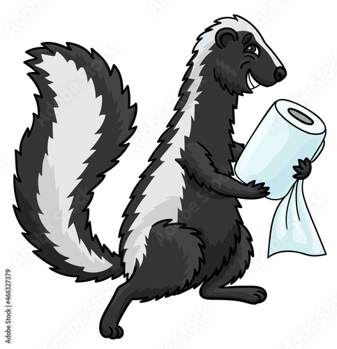 A cartoon skunk with a roll of toilet paper hurries to the toilet.