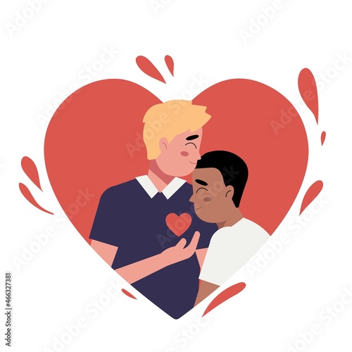 Multiethnic gay couple are proud to be. Young homosexuals gay couple love each other. Element lgbt and gay parade, protest. Vector illustration with lgbt man