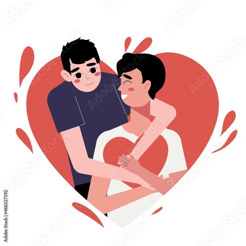 Multiethnic gay couple are proud to be. Young homosexuals gay couple love each other. Element lgbt and gay parade, protest. Vector illustration with lgbt man