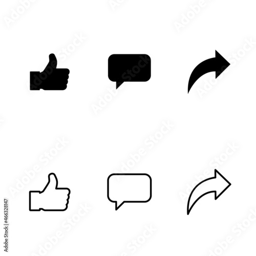 Social symbol for web, thumbs up, comment, share, person, hearth, view graphic. Icon set, collection concept