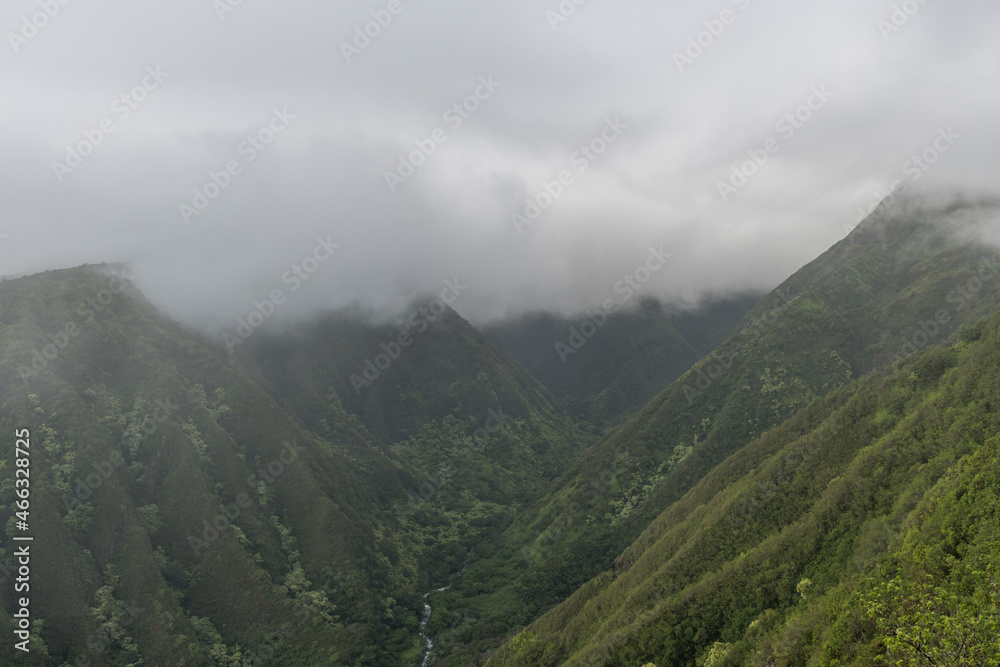 Scenic view along the Waihee Ridge Trail on a heavily overcast day, Maui, Hawaii 