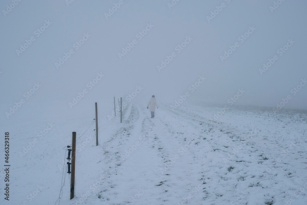 Lonely Woman walking alone in snow landscape