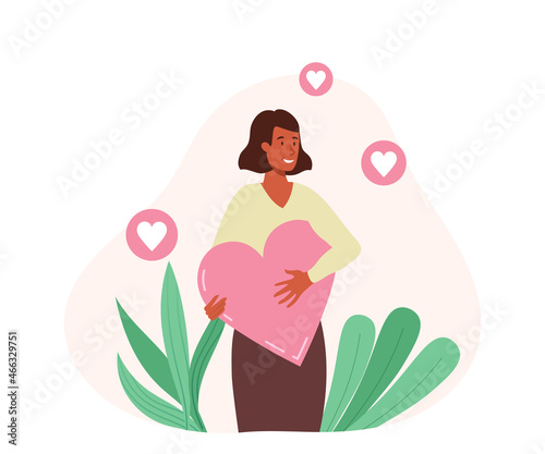 Self love concept. Young woman hugs big pink heart. Metaphor for self acceptance and personal development. Character takes care of his mental health. Cartoon contemporary flat vector illustration