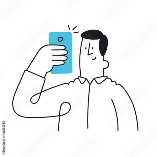 Man looking at phone. Outline, linear, thin line, doodle art. Simple style with editable stroke.