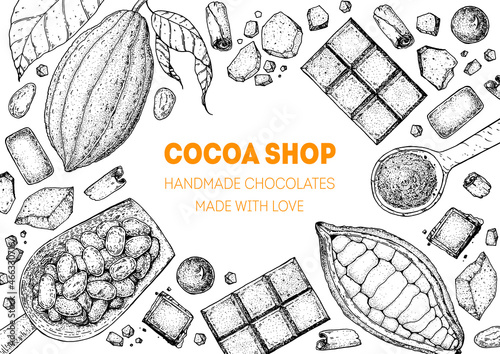 Cocoa pod and cocoa products. Vector illustration. Super food frame. Сhocolate cooking and ingredients for chocolate, sketch illustration. Healthy food, design elements. Hand drawn, package design.
