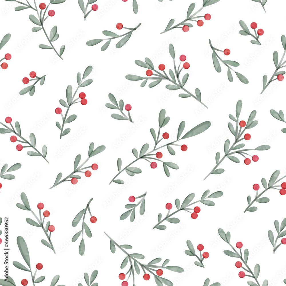Christmas watercolour mistletoe branches seamless pattern isolated on white background vector illustration.