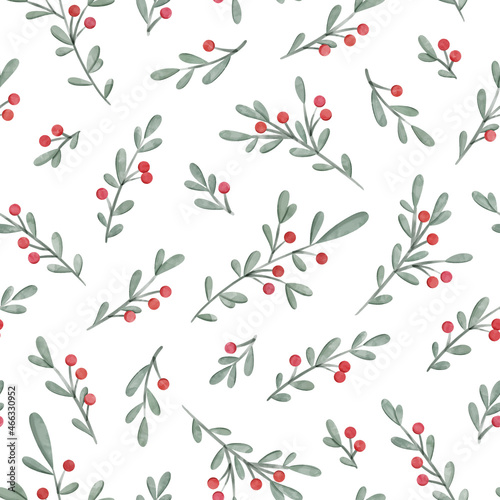 Fotótapéta Christmas watercolour mistletoe branches seamless pattern isolated on white background vector illustration