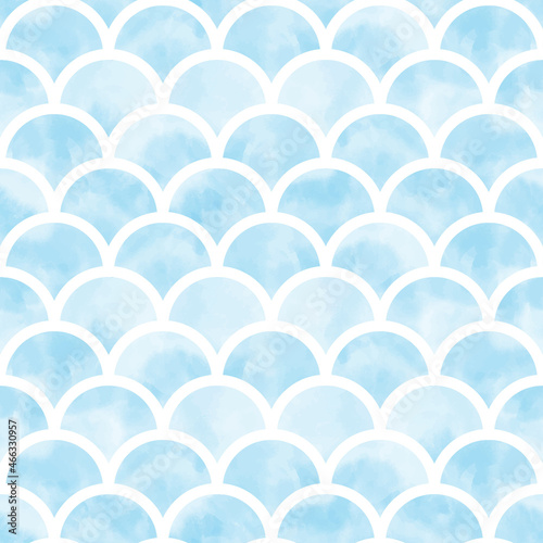 Blue water color mermaid scallop seamless pattern vector illustration isolated on white.