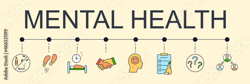 Set of 8 tips for good mental health. Minimalistic icons with concept of giving up bad habits, healthy sleep, optimism, physical activity and helping other people. Cartoon flat vector illustration