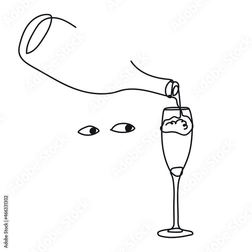 Prosecco, wine, champagne, alcohol. Bottle. Eyes are looking at the glass of wine. Line art, vector continuous line drawing. An alcoholism. Black and white illustration. Christmas, New Year. Fun art