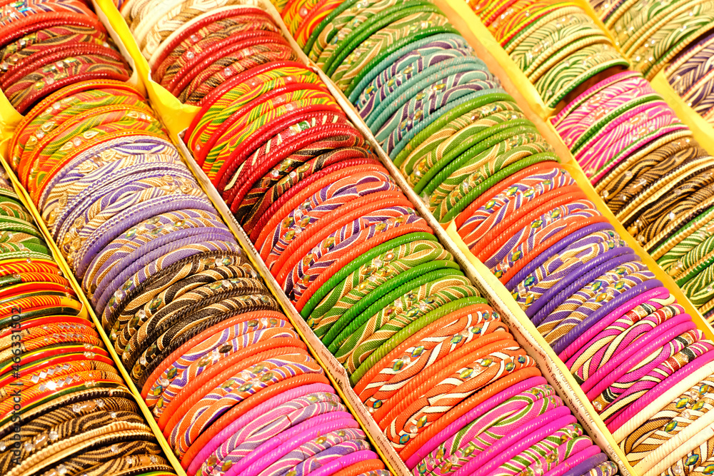 Indian colorful bangles displayed in local shop in a market of Pune