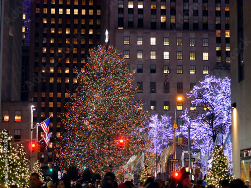 Beautiful view of a Rockefeller center and a Christmas tree in front of it in the New USA