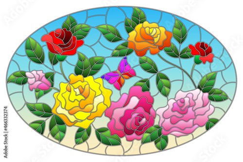 Illustration in stained glass style with a bouquet of bright roses on a blue background, oval image