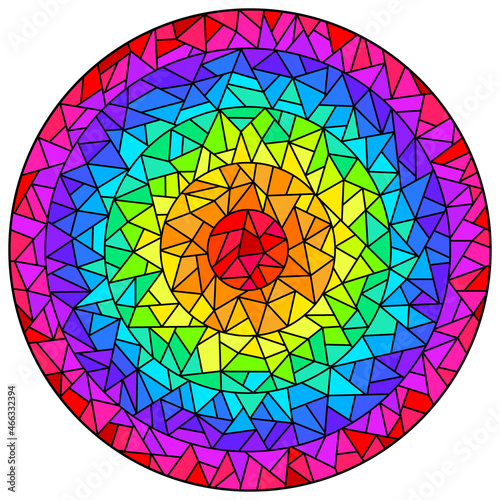 Illustration in stained glass style with abstract bright rainbow background,round image