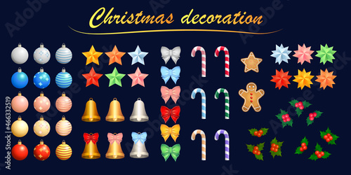 Cartoon Xmas decoration  stars  candies  bows  bells  gingerbread  berries  balls. Colorful vector template for design. Merry Christmas and Happy New Year.