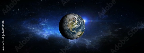 Panoramic view of the Earth, sun, star and galaxy. Earth day, earth hour, Spring equinox .Sunrise over planet Earth, view from space. Winter solstice. Elements of this image furnished by NASA