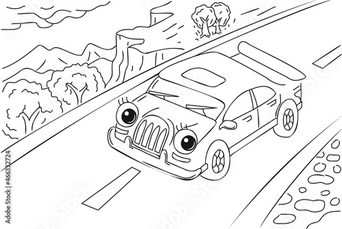 Cute car, cartoon character illustration. Car with eyes on road outline illustration for coloring book. Coloring book black and white.