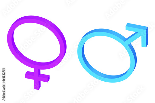 Man and woman gender symbols in blue and purple colors. Sex symbol isometric, 3D rendering vector illustration.