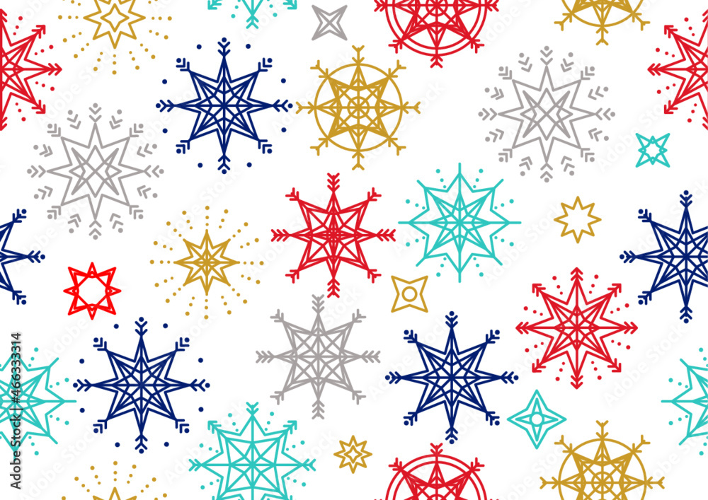 Estampado de navidad de copos de nieve o estrellas, cono colores navideños. Recurso grafico de navidad