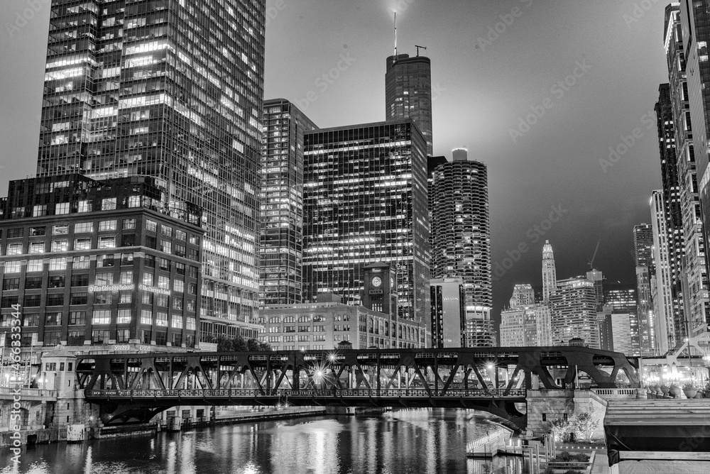 Beautiful view of Chicago by night, black and white picture.