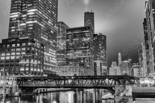 Beautiful view of Chicago by night  black and white picture.