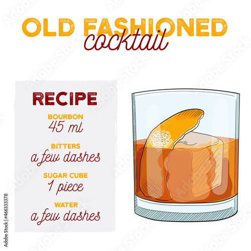 Hand Drawn Colorful Old Fashioned Summer Cocktail. Drink with Ingredients
