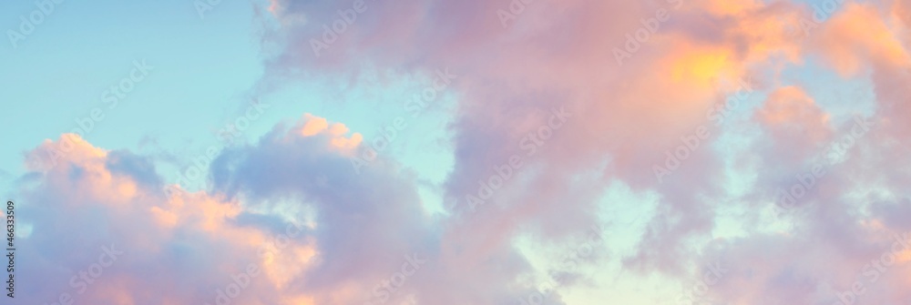 Clear blue sky, red, pink, golden cirrus and cumulus clouds after storm. Dramatic sunset cloudscape. Concept art, meteorology, heaven, hope, peace, graphic resources, picturesque panoramic scenery - obrazy, fototapety, plakaty 