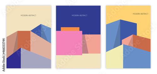 Abstract architecture cover set. Posters with geometric shapes in form of buildings and space for text. Design elements for web and apps. Cartoon flat vector collection isolated on white background