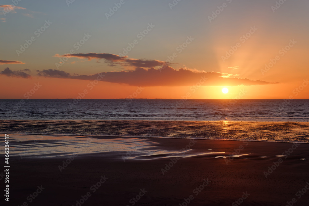 Sunset at the beach in the Cotentin coast. Hauteville-sur-Mer village
