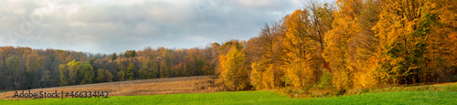 Wisconsin farmland with hay, a cornfield and a colorful forest in October