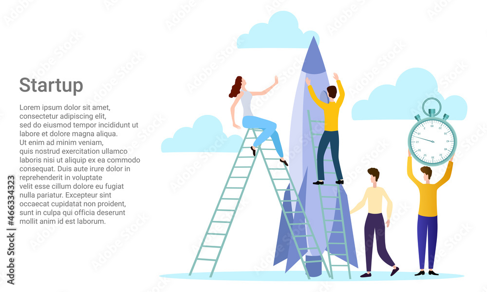 Startup.People launch a rocket, launch a new project..Poster in business style.Vector illustration.
