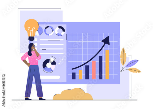 Digital marketing plan. Man stands next to blackboard and analyzes statistical data. Entrepreneur develops strategy for development of company and increasing profits. Cartoon flat vector illustration