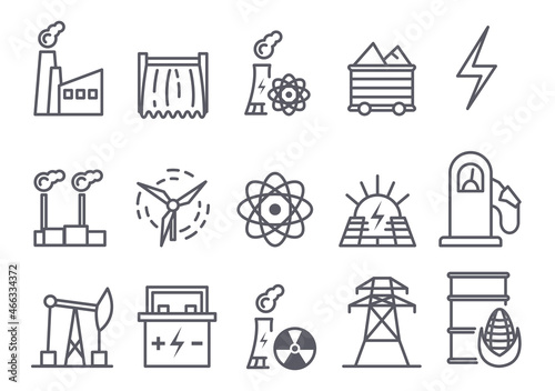 Getting Energy icon set. Minimalistic stickers with stations for generating electricity, solar panels, oil wells. Design elements for web. Cartoon flat vector collection isolated on white background
