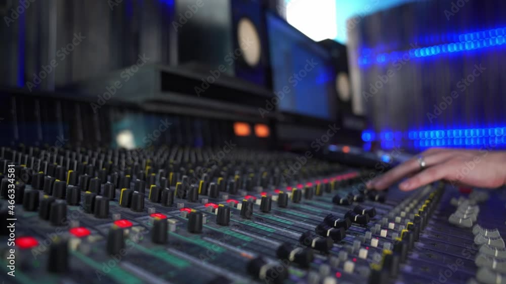 Professional mixing console in studio, sound control with LED backlight. High quality 4k footage Professional mixing console in studio, sound control with LED backlight. High quality 4k footage