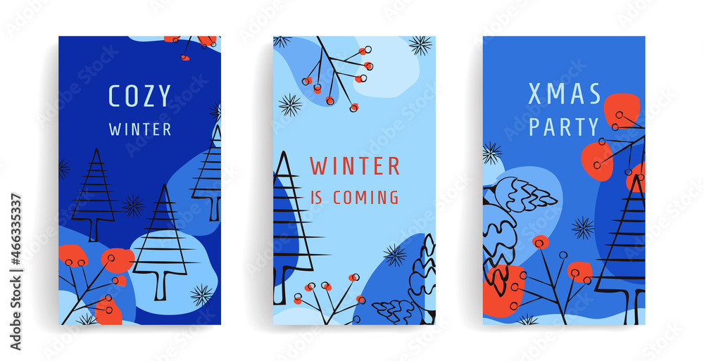 Naklejka premium Set vector winter background. New Year and Christmas design illustrations with copy space for text. Suitable for social media posts and stories, covers, wallpapers, winter design for ads and banners