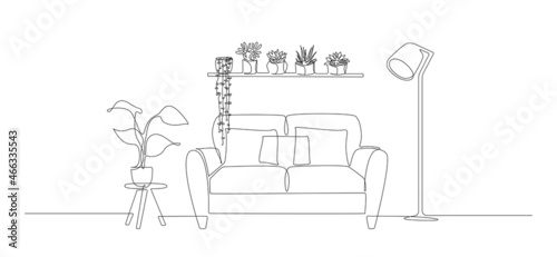 Continuous one line drawing of sofa and wall shelf with potted plants and floor lamp. Scandinavian stylish furniture in simple linear style. Doodle vector illustration