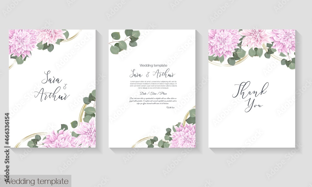 Floral template for wedding invitation. Pink dahlias, eucalyptus, greenery, leaves, round, golden shapes.
