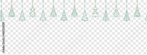 Christmas and New Year seamless banner or border. Vector Christmas tree set isolated on transparent background.Line icon.