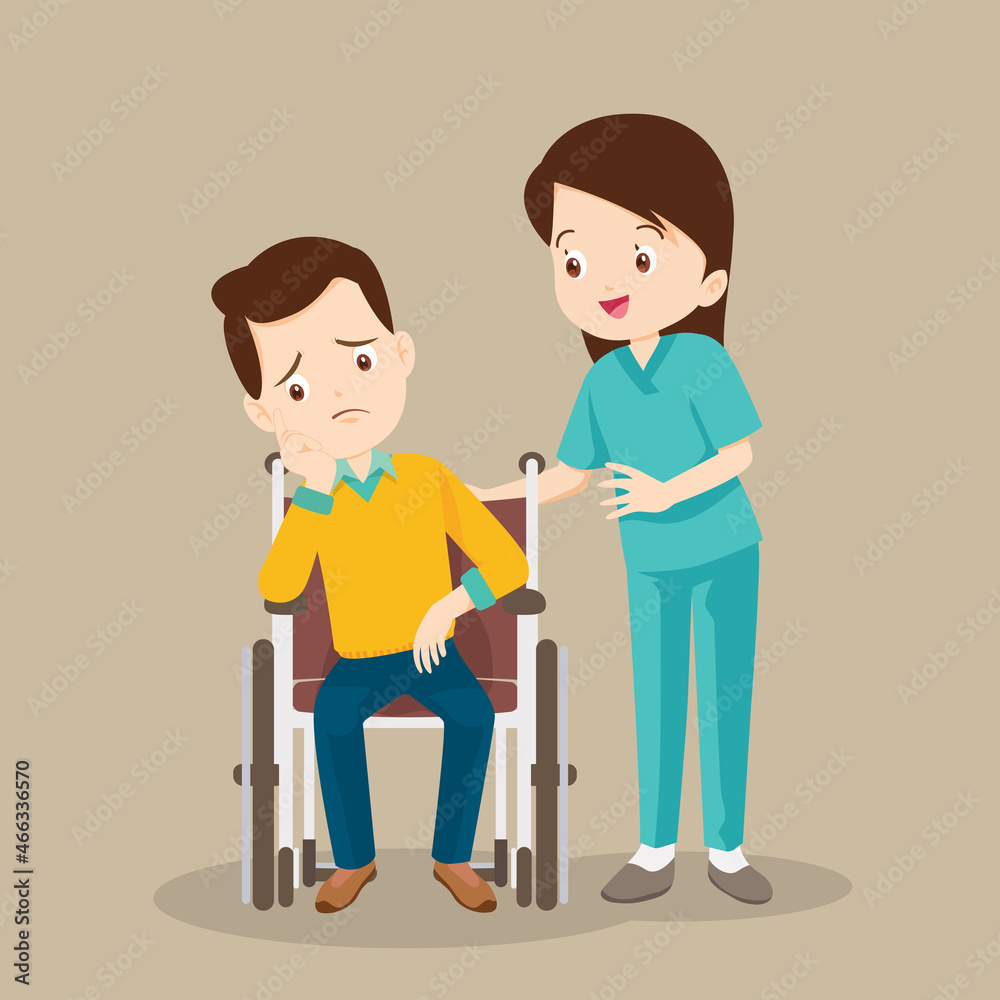 Nurse or volunteer worker taking care of sick man sitting on wheelchair Nurse or volunteer worker taking care of sick man sitting on wheelchair
