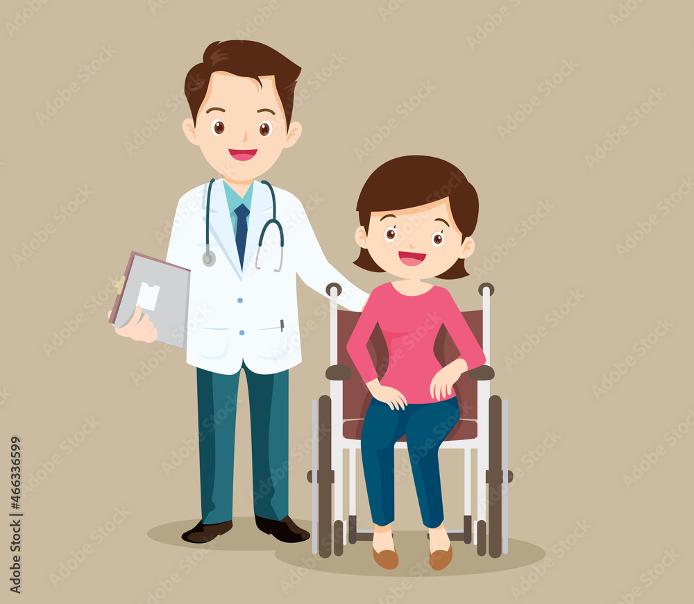 Smart doctor and female patient recovered from illness in wheelchair Smart doctor and female patient recovered from illness in wheelchair