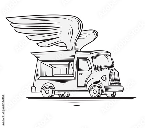 Winged retro food truck bus - drawn black and white pictogram sign