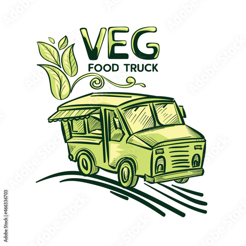 Veg food truck van - drawn color pictogram sign