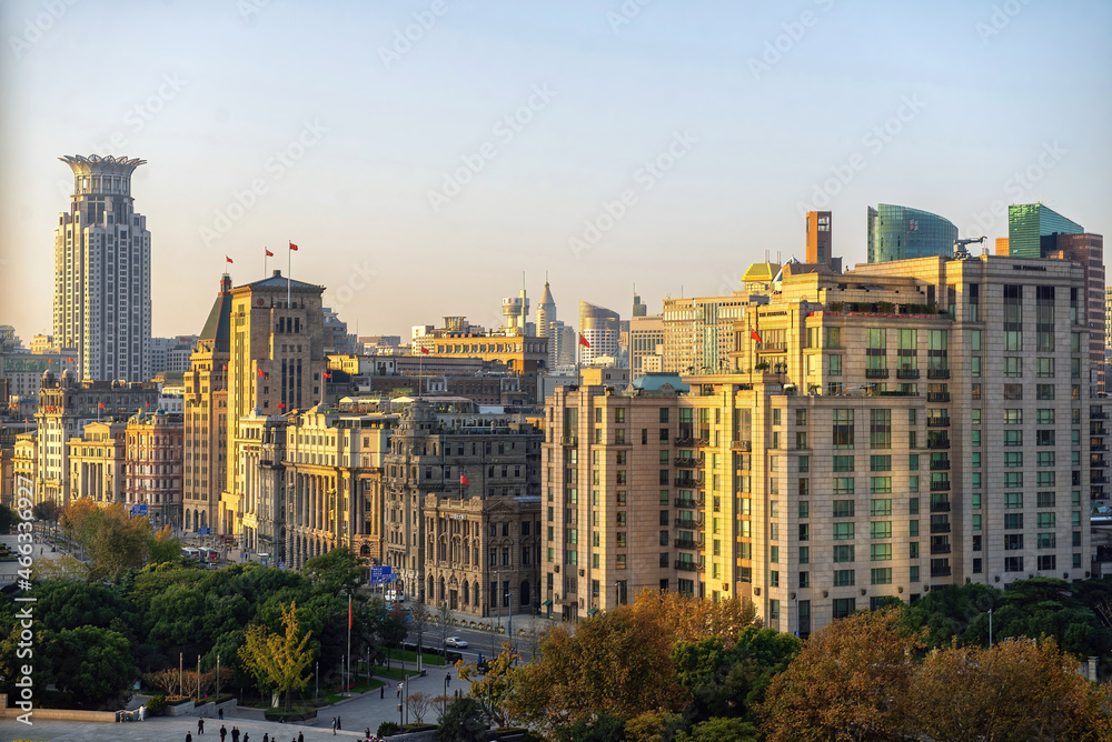 The Bund in Shanghai in the early morning sunlight