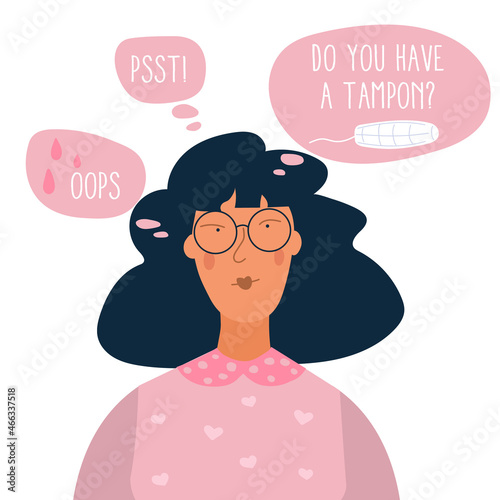 Face beautiful girl with speech bubbles about menstrual tampon. Concept vector illustration the menstrual period cycle or PMS
