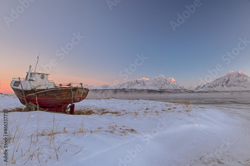 fishing boat in the snow